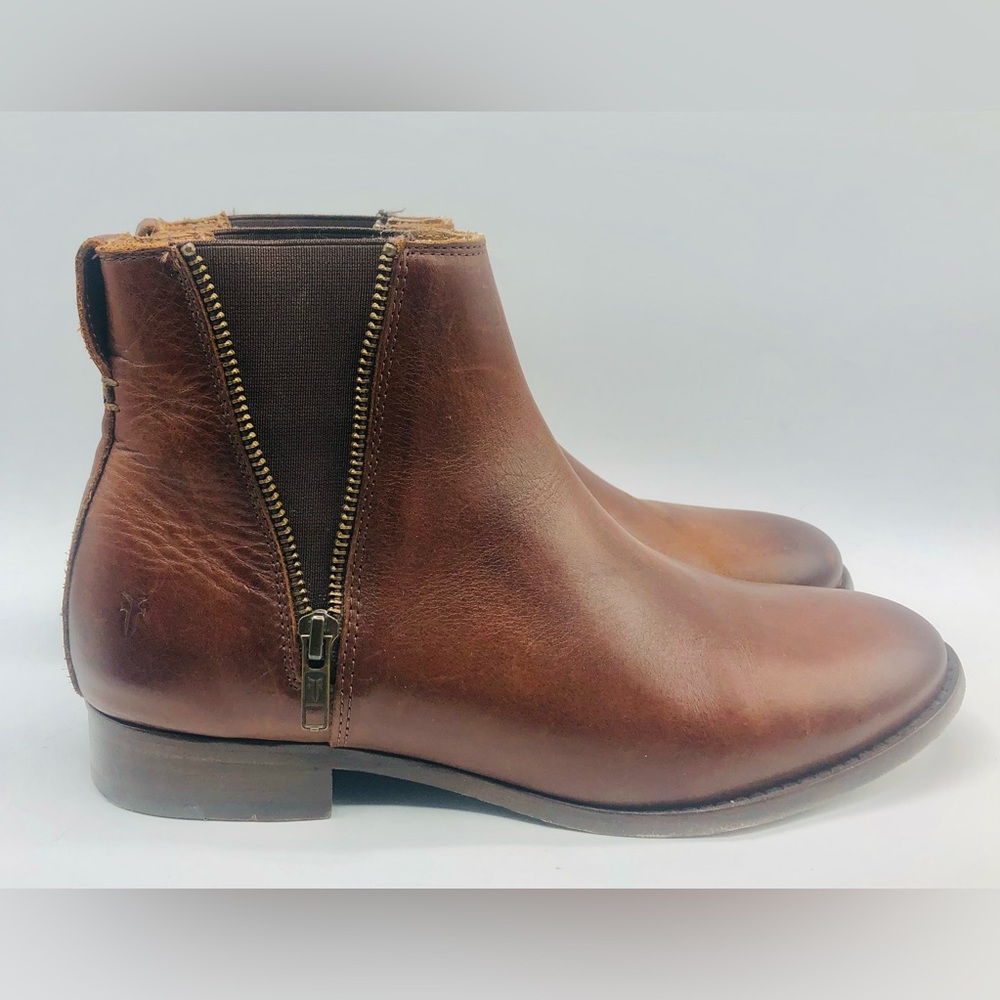 Frye Carly Zip Chelsea Womens Brown Leather Ankle Boots Booties Size 10B EUC